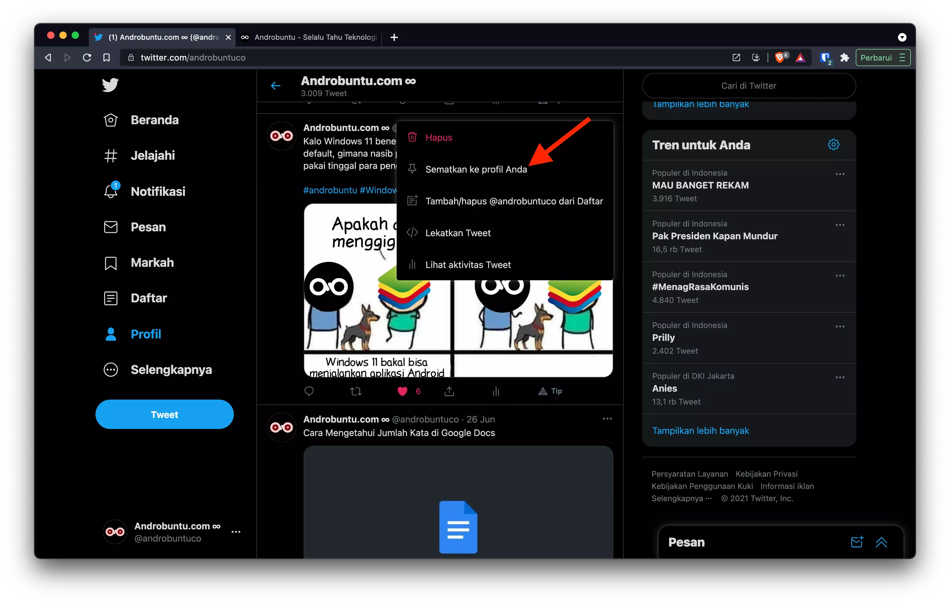 Cara Menyematkan Tweet di Profil Twitter by Androbuntu 10