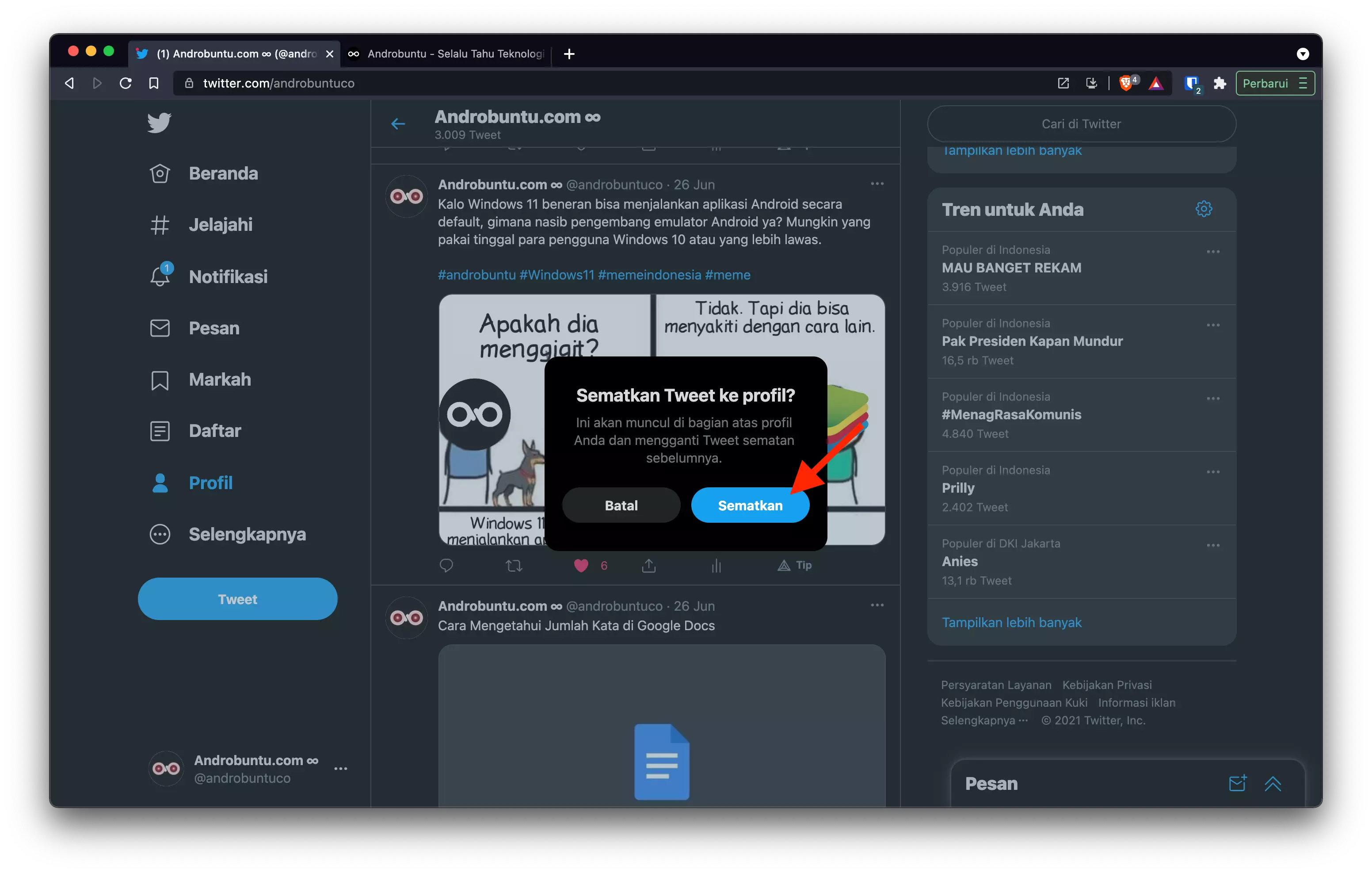 Cara Menyematkan Tweet di Profil Twitter by Androbuntu 11