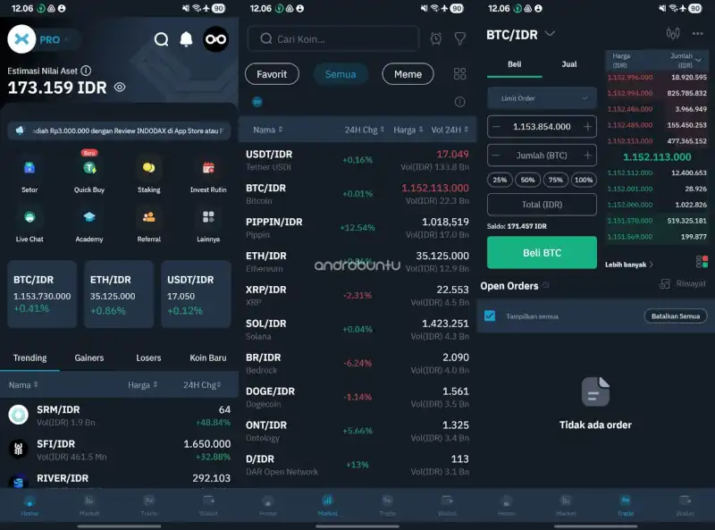Tampilan aplikasi Indodax